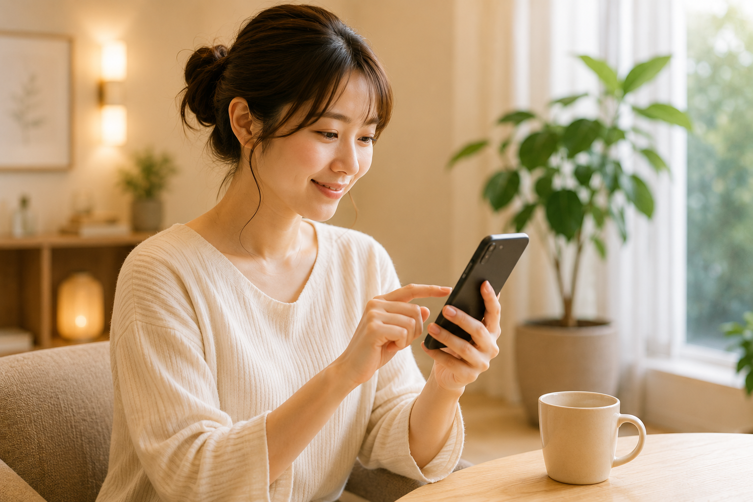 スマートフォンでAIカウンセリングを利用する女性