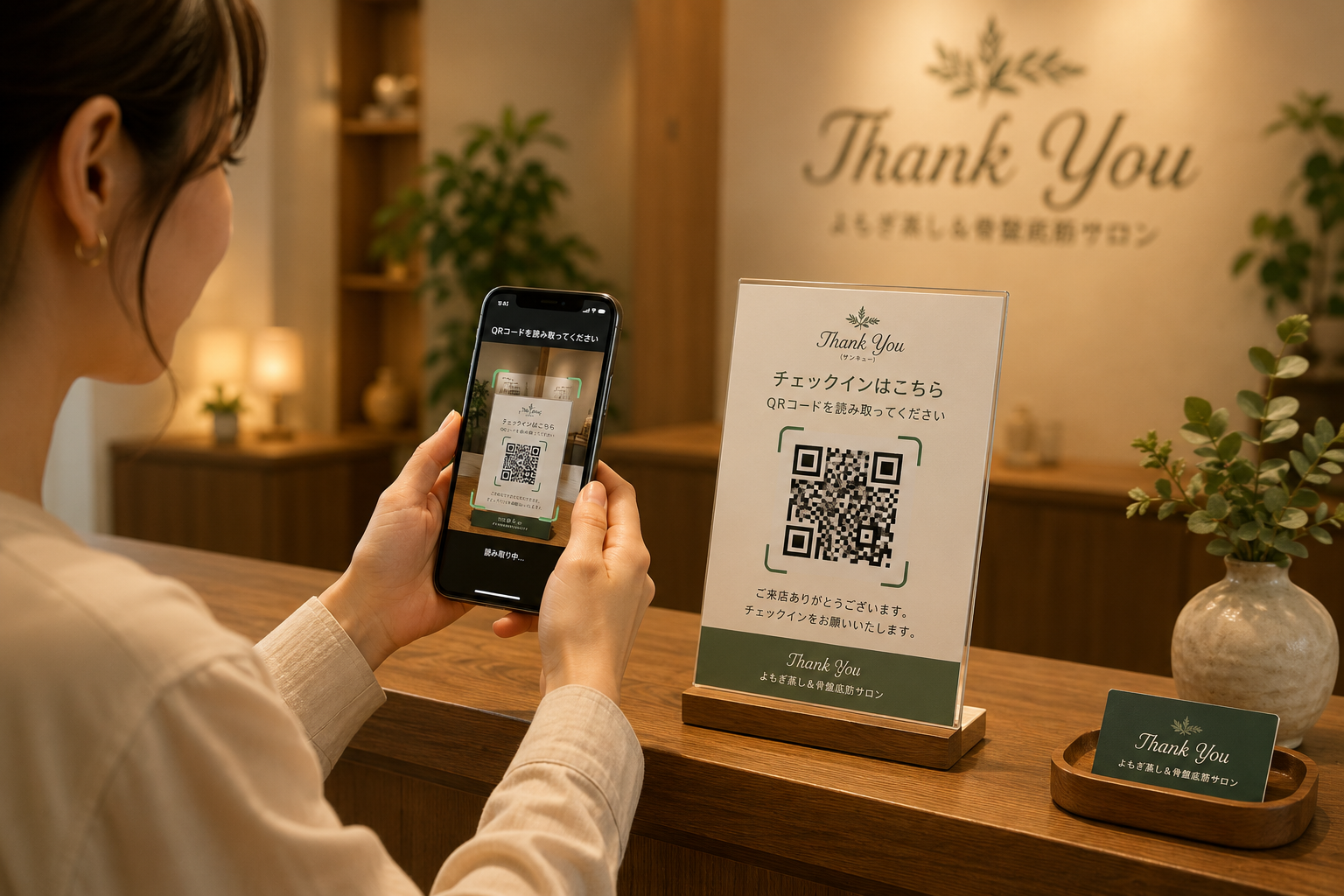 受付のQRコードを読み取ってチェックインするイメージ